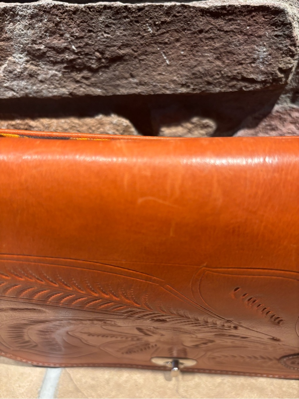 Sereno Vintage Tooled Leather Crossbody Bag in Caramel with Floral Design - Picture 8 of 13